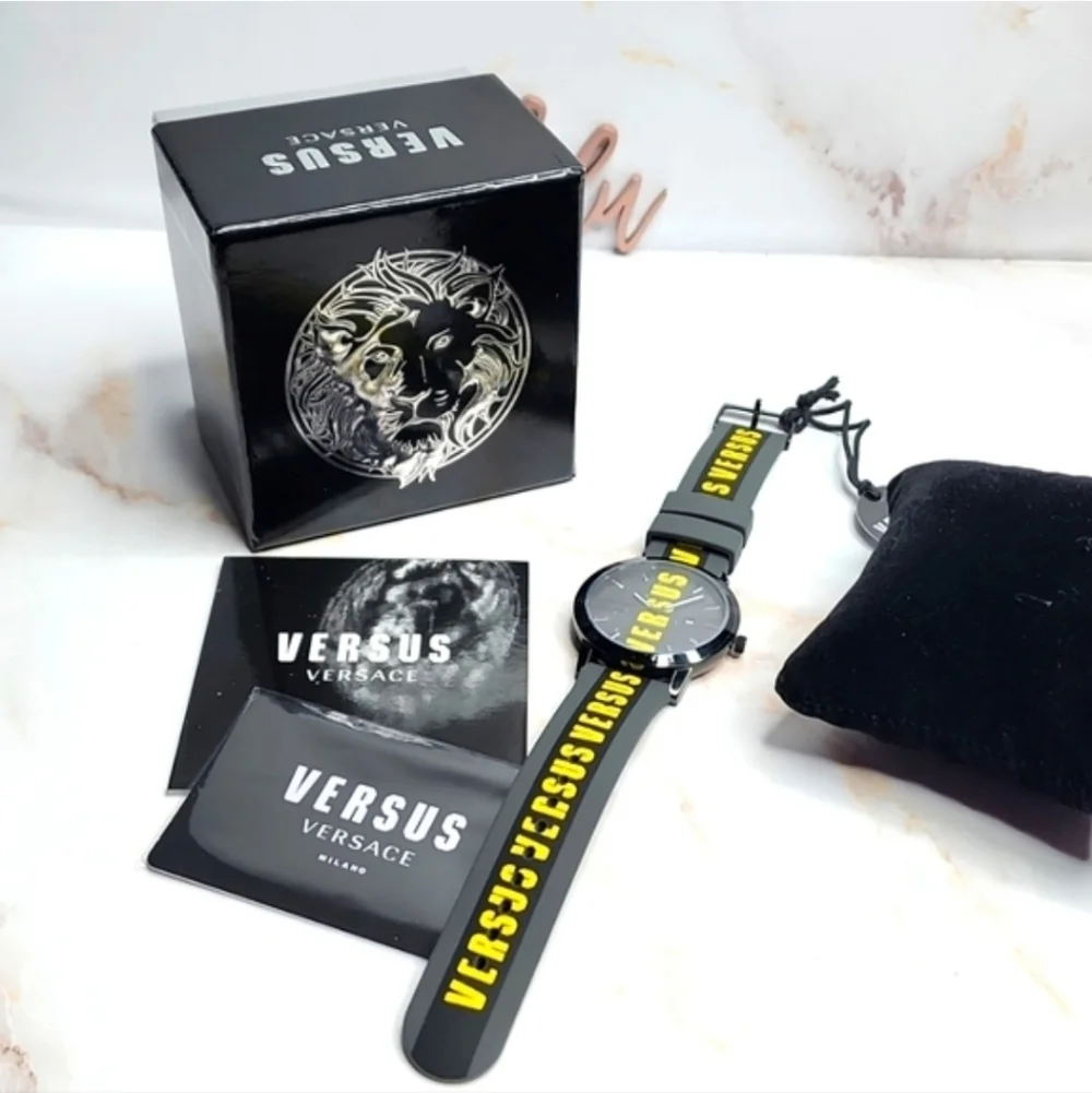 Versus Versace Mens Black & Yellow Logo Strap Watch New